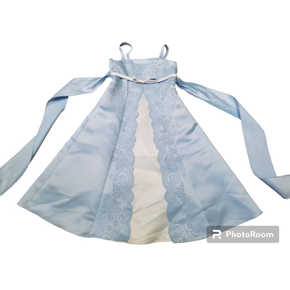 Lily Kid Spaghetti Strap Dress Girls Size 4-5 Baby Blue White Beaded Cute As Is